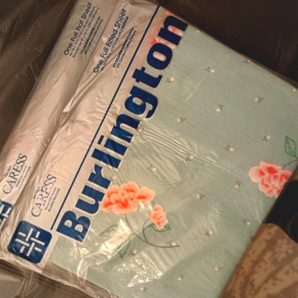 Vintage Burlington green/pink Caress FULL Sheet Set (Flat & Fitted)